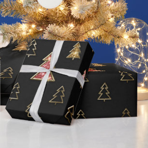Holiday Black and Gold Faux Metal Christmas Trees Wrapping Paper