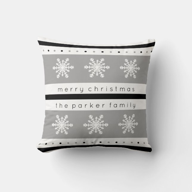 Holiday Black and Grey with White Snowflakes Cushion (Front)