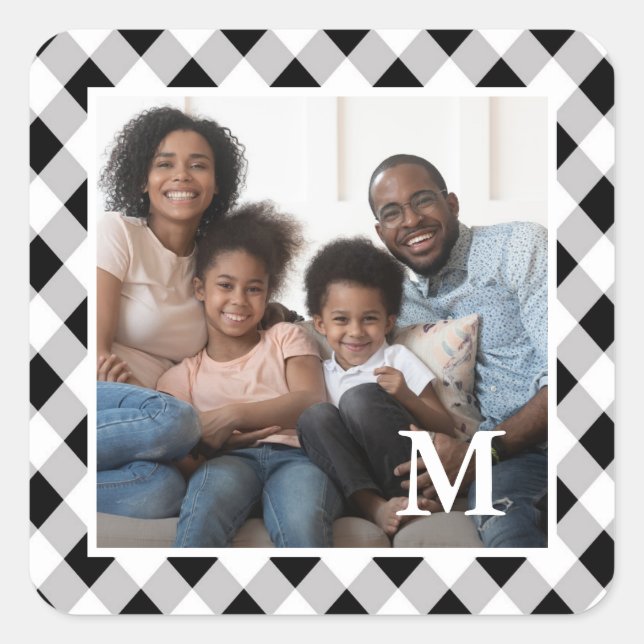 Holiday Black and White Plaid Monogram Photo Square Sticker (Front)