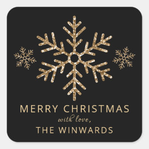 Holiday Black & Gold Glitter Christmas Snowflake Square Sticker