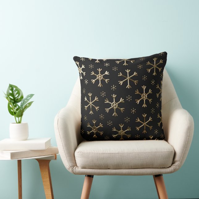 Holiday Black & Gold Metal Christmas Snowflakes Cushion (Chair)