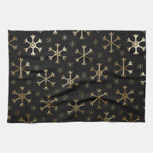 Holiday Black & Gold Metal Christmas Snowflakes Tea Towel