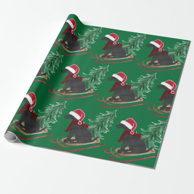 Holiday Black Lab Xmas Tree Sled Wrapping Paper (Unrolled)