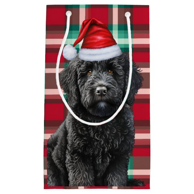 Holiday Black Labradoodle Dog Fun Plaid Christmas Small Gift Bag (Front)