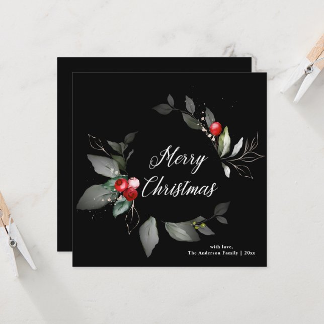 Holiday Black Watercolor Holly Christmas Card (Front/Back In Situ)