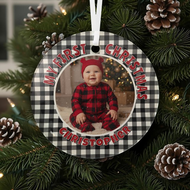 Holiday Black & White Plaid First Christmas Custom Glass Tree Decoration (Creator Uploaded)
