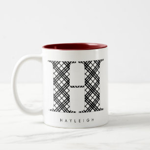Holiday Black & White Plaid Letter H Two-Tone Coffee Mug