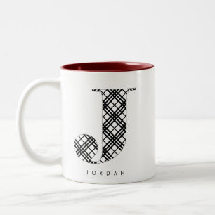 Holiday Black & White Plaid Letter J Two-Tone Coffee Mug