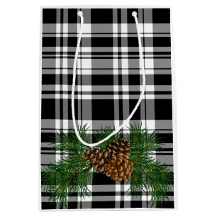 Holiday Black White Plaid with Pine cone detail Medium Gift Bag