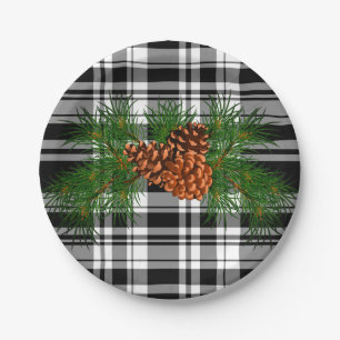 Holiday Black White Plaid with Pine cone detail Paper Plate
