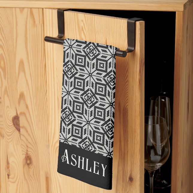 Holiday Black & White Scandinavian Pattern Tea Towel (Thirds Fold)