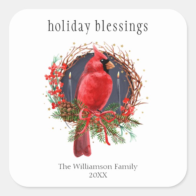 Holiday Blessings Wreath Yule Christmas Cardinal Square Sticker (Front)