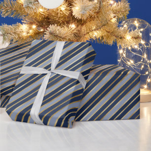 Holiday Blue and Gold Foil Christmas Stripes Wrapping Paper
