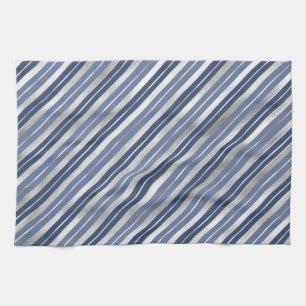Holiday Blue and Silver Foil Christmas Stripes Tea Towel