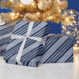 Holiday Blue and Silver Foil Christmas Stripes Wrapping Paper
