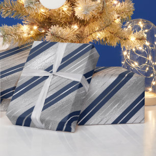 Holiday Blue and Silver Foil Christmas Stripes Wrapping Paper