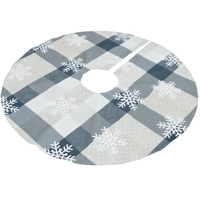 Holiday Blue Plaid Snowflake Christmas Tree Skirt (Angled)