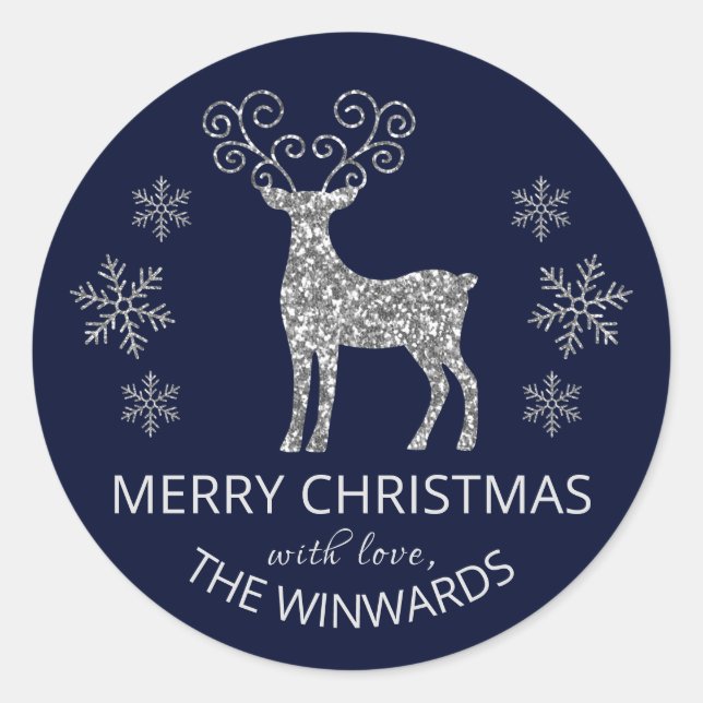 Holiday Blue & Silver Glitter Christmas Snowflake Classic Round Sticker (Front)