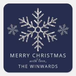 Holiday Blue & Silver Glitter Christmas Snowflake Square Sticker