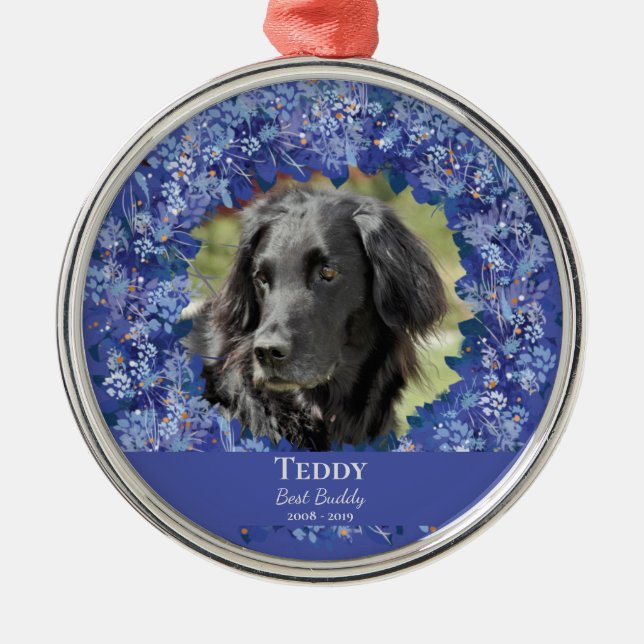 Holiday Blue Wreath Pet Memorial Metal Ornament (Front)