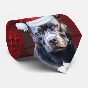 Holiday Bluenose Pit Bull Red Gray Plaid Christmas Tie
