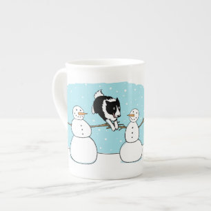 Holiday Border Collie Agility Dog with Snowmen Bone China Mug