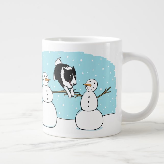 Holiday Border Collie Agility Dog with Snowmen Large Coffee Mug (Right)
