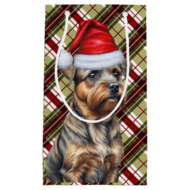 Holiday Border Terrier and Festive Plaid Christmas Small Gift Bag (Front)