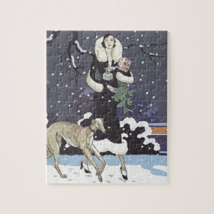 Holiday Borzoi Lady In Snow Jigsaw Puzzle