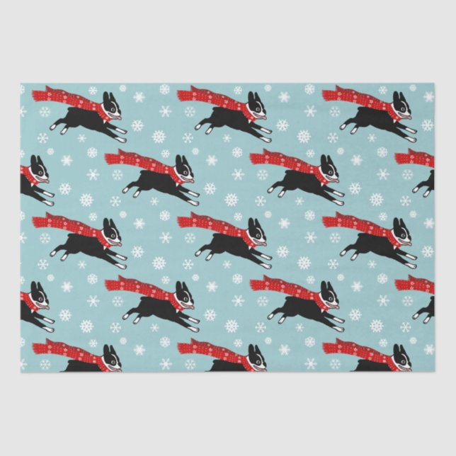 Holiday Boston Terrier with Snowflakes Christmas Tissue Paper (Front)