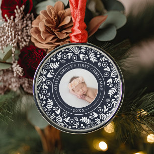 Holiday Botanical   Baby's First Christmas Photo Metal Ornament