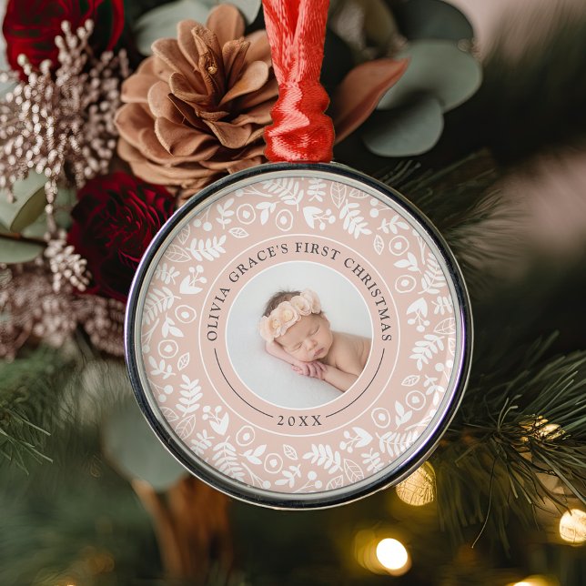 Holiday Botanical | Baby's First Christmas Photo Metal Ornament (Creator Uploaded)