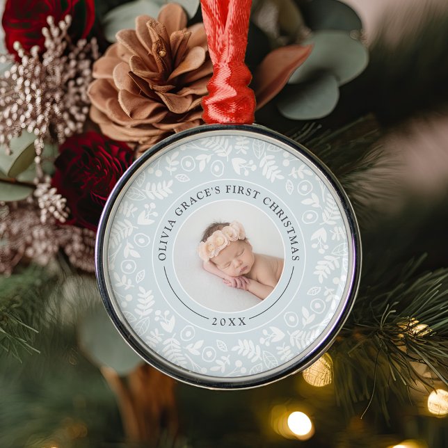 Holiday Botanical | Baby's First Christmas Photo Metal Ornament (Creator Uploaded)