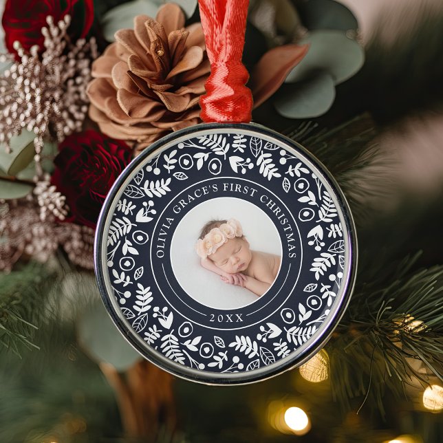 Holiday Botanical | Baby's First Christmas Photo Metal Ornament (Creator Uploaded)