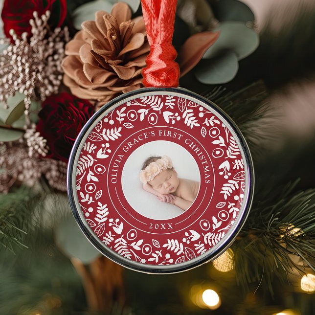 Holiday Botanical | Baby's First Christmas Photo Metal Ornament (Creator Uploaded)