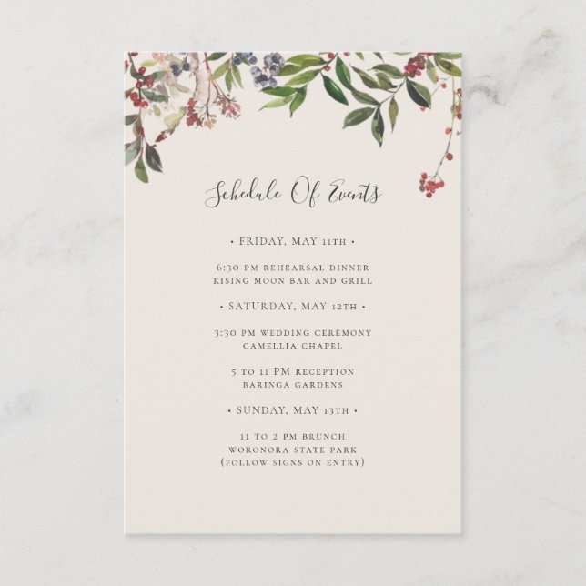 Holiday Botanical | Champagne Schedule of Events Enclosure Card (Front)