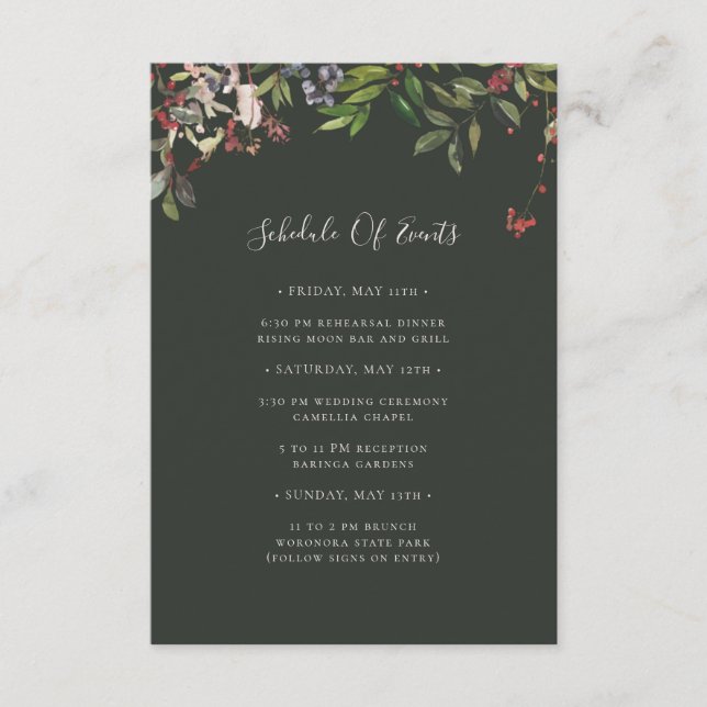 Holiday Botanical | Dark Green Schedule of Events Enclosure Card (Front)