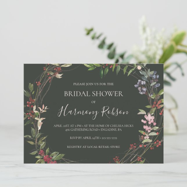 Holiday Botanical Green Horizontal Bridal Shower Invitation (Standing Front)