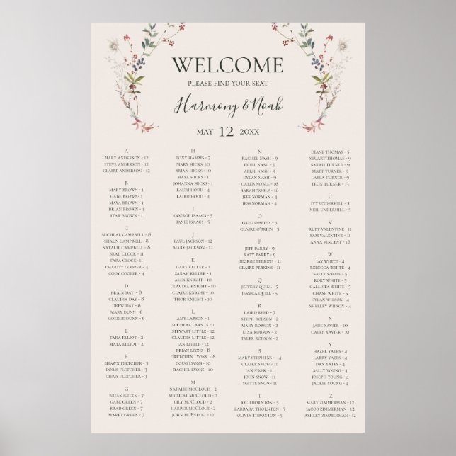 Holiday Botanical Ivory Alphabetical Seating Chart (Front)