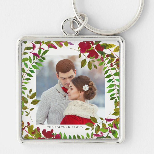 Holiday Botanical Photo and Name Keychain (Front)