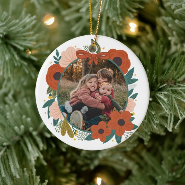 Holiday Botanical Red Flowers Wreath Christmas Ceramic Ornament (Creator Uploaded)