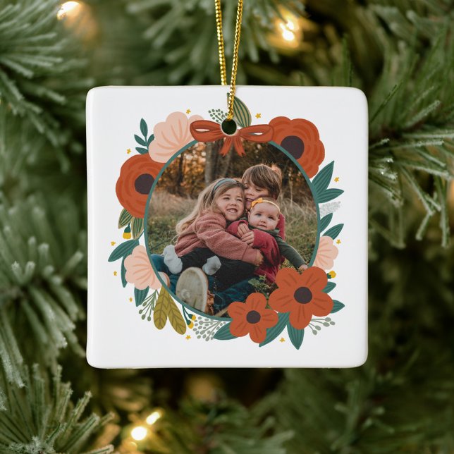 Holiday Botanical Red Flowers Wreath Christmas Fam Ceramic Ornament (Creator Uploaded)