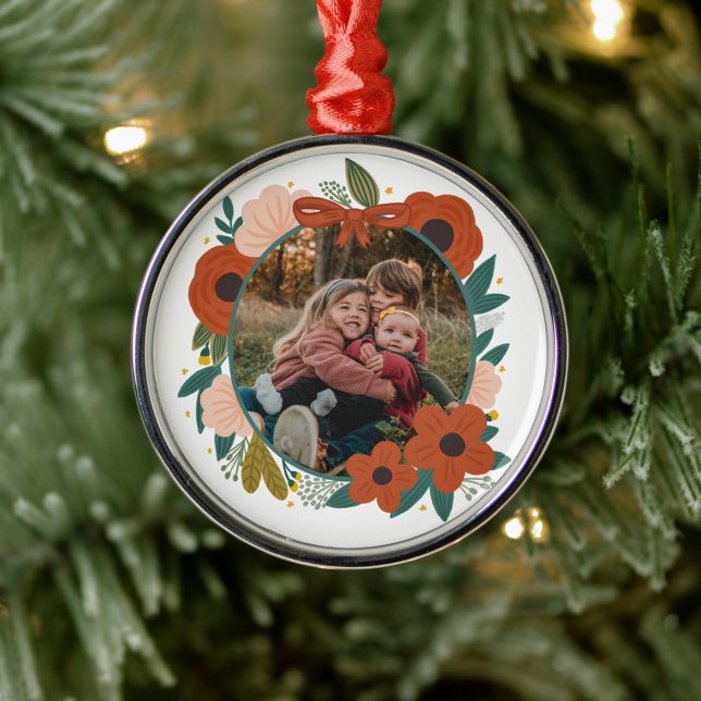 Holiday Botanical Red Flowers Wreath Christmas Fam Metal Ornament (Creator Uploaded)