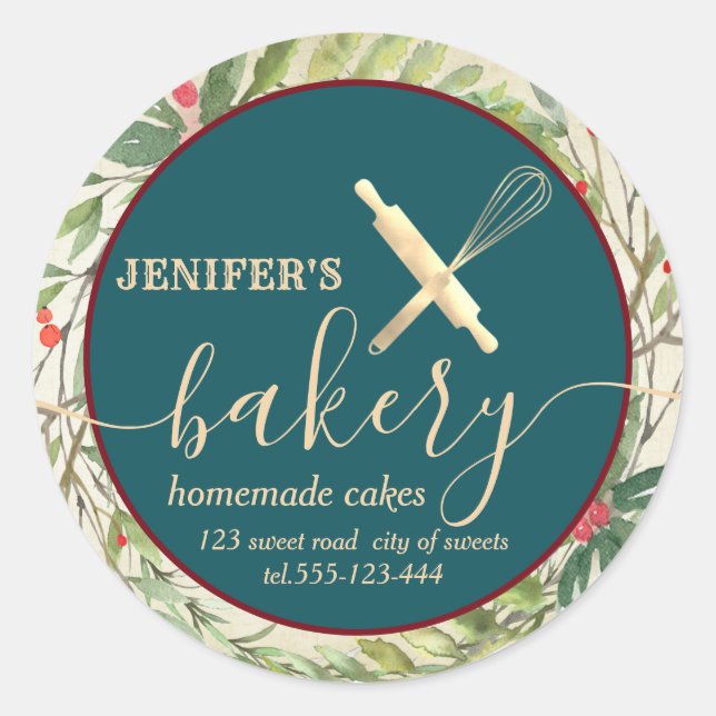 Holiday botanical rolling pin & whisk chef bakery  classic round sticker (Front)