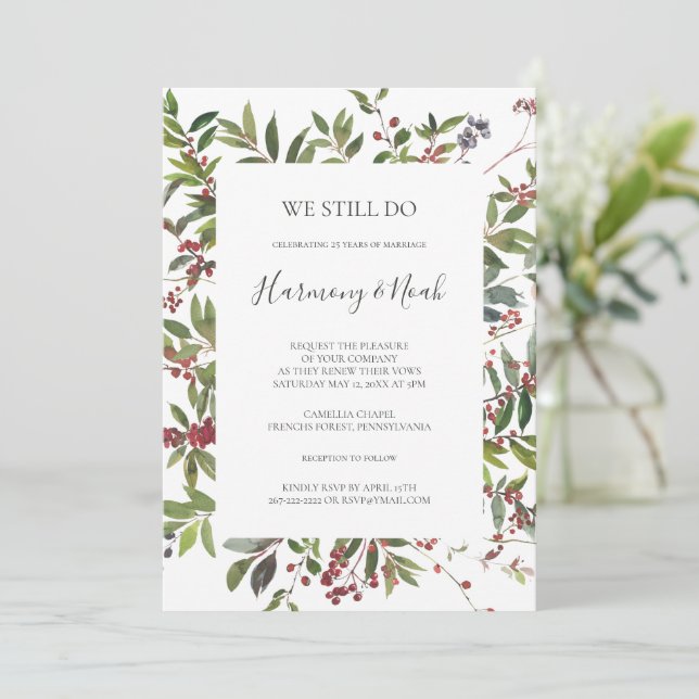 Holiday Botanical White We Still Do Vow Renewal Invitation (Standing Front)