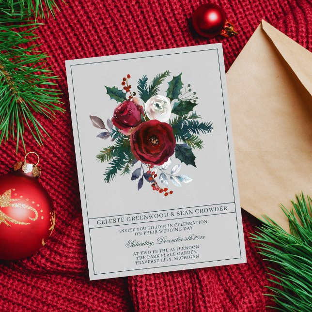 Holiday Bouquet Burgundy Evergreen Bouquet Wedding Invitation (Creator Uploaded)