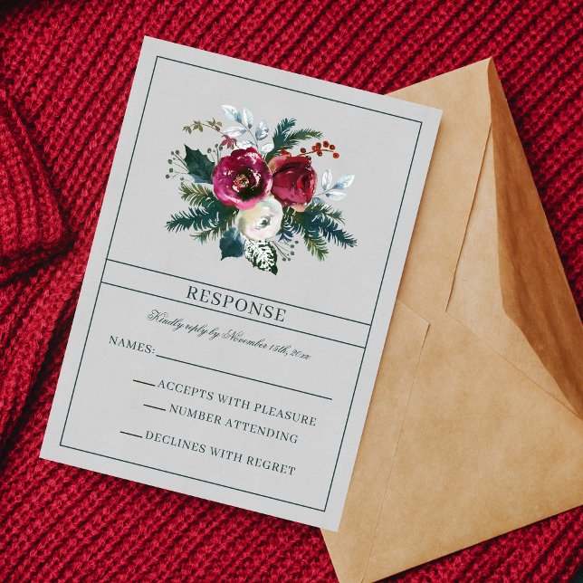 Holiday Bouquet Burgundy Pine Evergreen RSVP Card (Creator Uploaded)