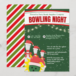 Holiday Bowling Night Santa Hats Green Background Invitation