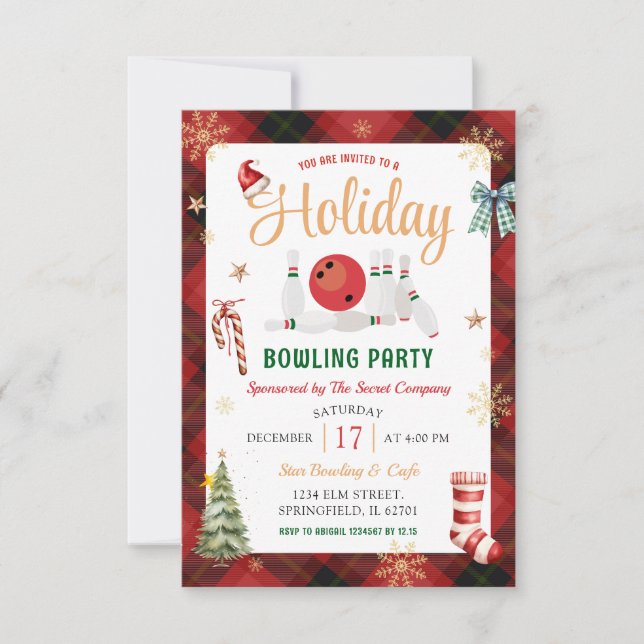 Holiday Bowling Party Christmas Plaid Red Black Invitation (Front)