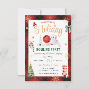 Holiday Bowling Party Christmas Plaid Red Black Invitation